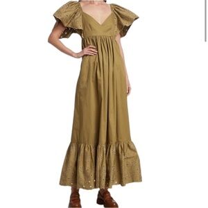 En Saison Barnette Eyelet Maxi Dress Ruffle Cottagecore Boho Dark Khaki Tan M